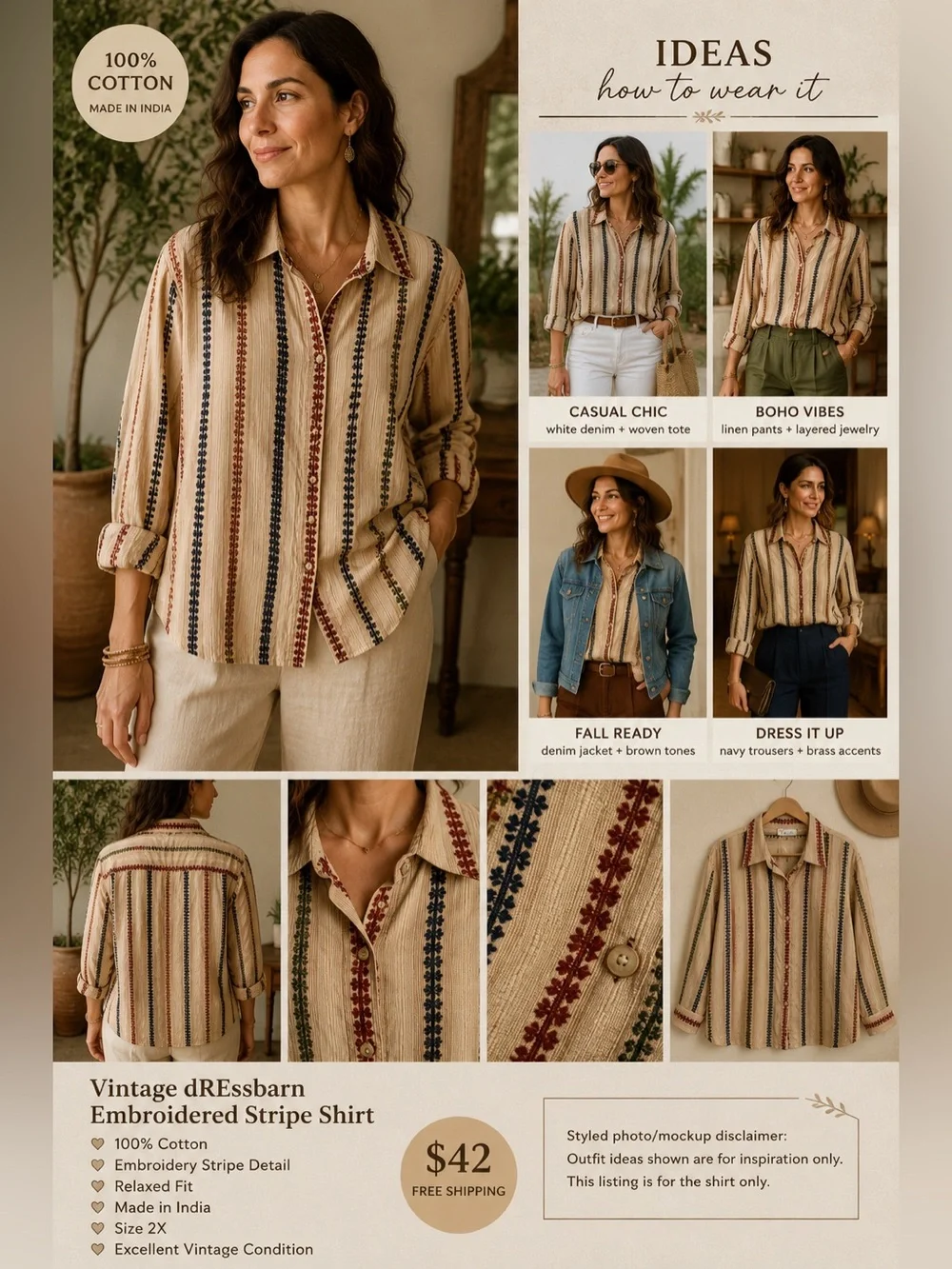 Vintage Dressbarn‎ Woman 2X Embroidered Stripe 100% Cotton Shirt